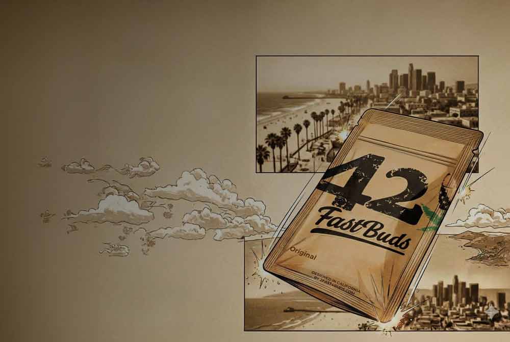 Eine blaue FastBuds 420-Verpackung ist über sepiafarbenen Szenen einer Stadtsilhouette und einem von Palmen gesäumten Strand mit dramatischen Wolken am Himmel abgebildet.