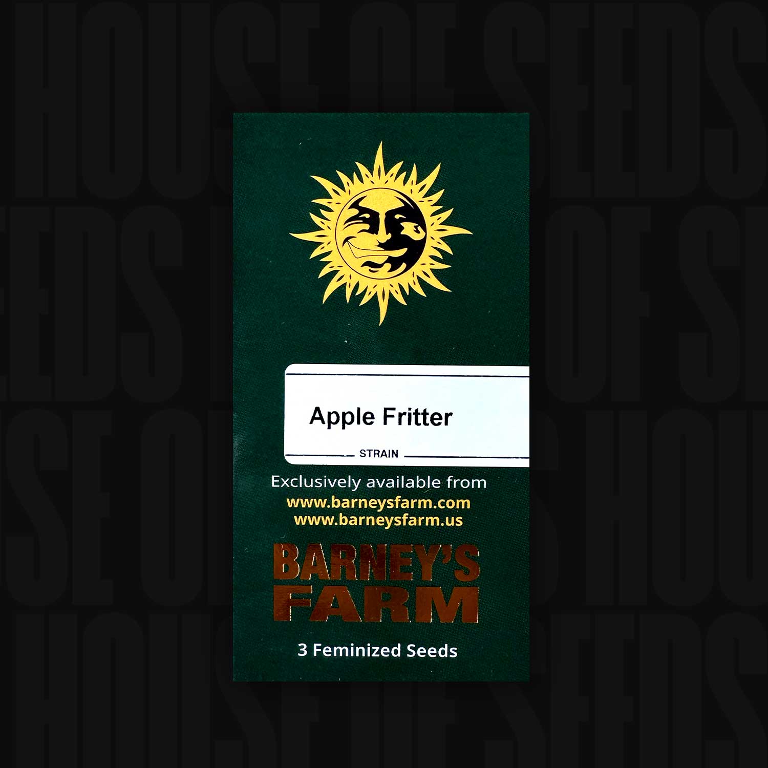 Barney’s Farm Apple Fritter Samenpackung mit gelbem Sonnenlogo und Aufschrift „3 Feminized Seeds“ vor dunklem Hintergrund