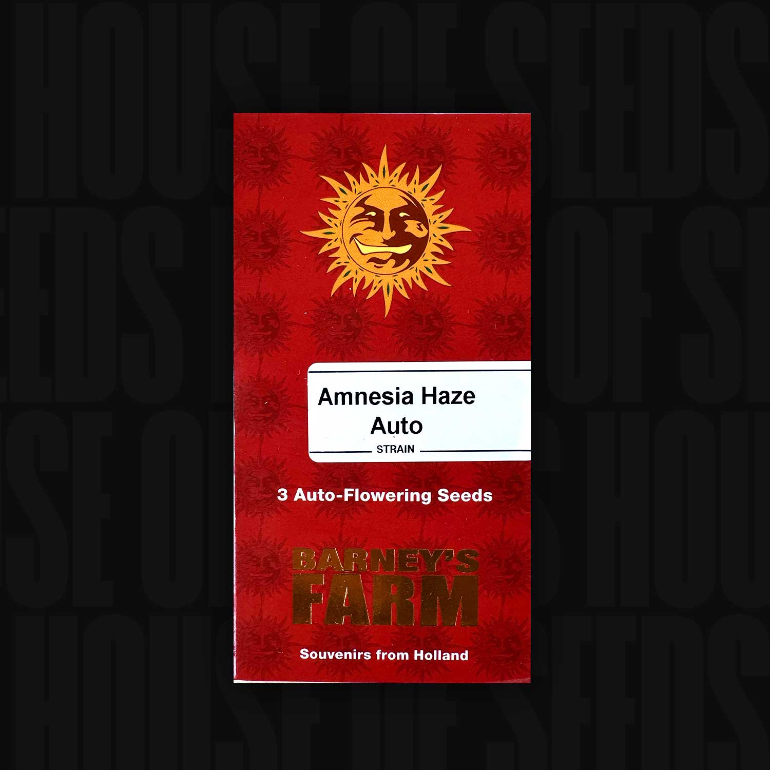 Rote Barney’s Farm Verpackung „Amnesia Haze Auto (3 Samen)“ mit stilisierter Sonne und Aufschrift „Souvenirs aus Holland“