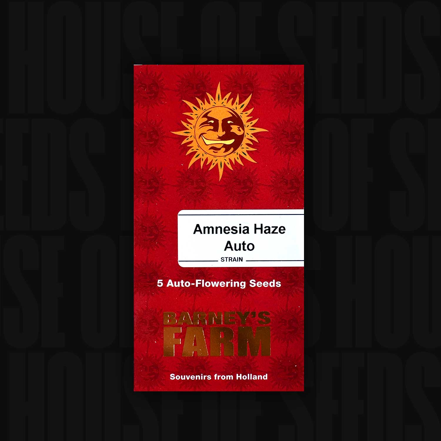 Rotes Barney’s Farm Samenpäckchen „Amnesia Haze Auto“ mit Sonnenlogo und Aufschrift „Souvenirs from Holland“