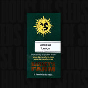 Grünes Barney’s Farm Amnesia Lemon Päckchen mit Sonnenlogo, barneysfarm.com und Aufschrift 3 feminisierte Samen