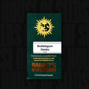 Grüne Barney’s Farm Bubblegum Gelato Packung mit Sonnenlogo, Aufschrift 3 feminisierte Samen und Website-Infos