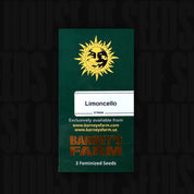 Barney’s Farm Limoncello Päckchen mit gelbem Sonnenlogo, Aufschrift 3 feminisierte Samen und Text Souvenirs from Holland