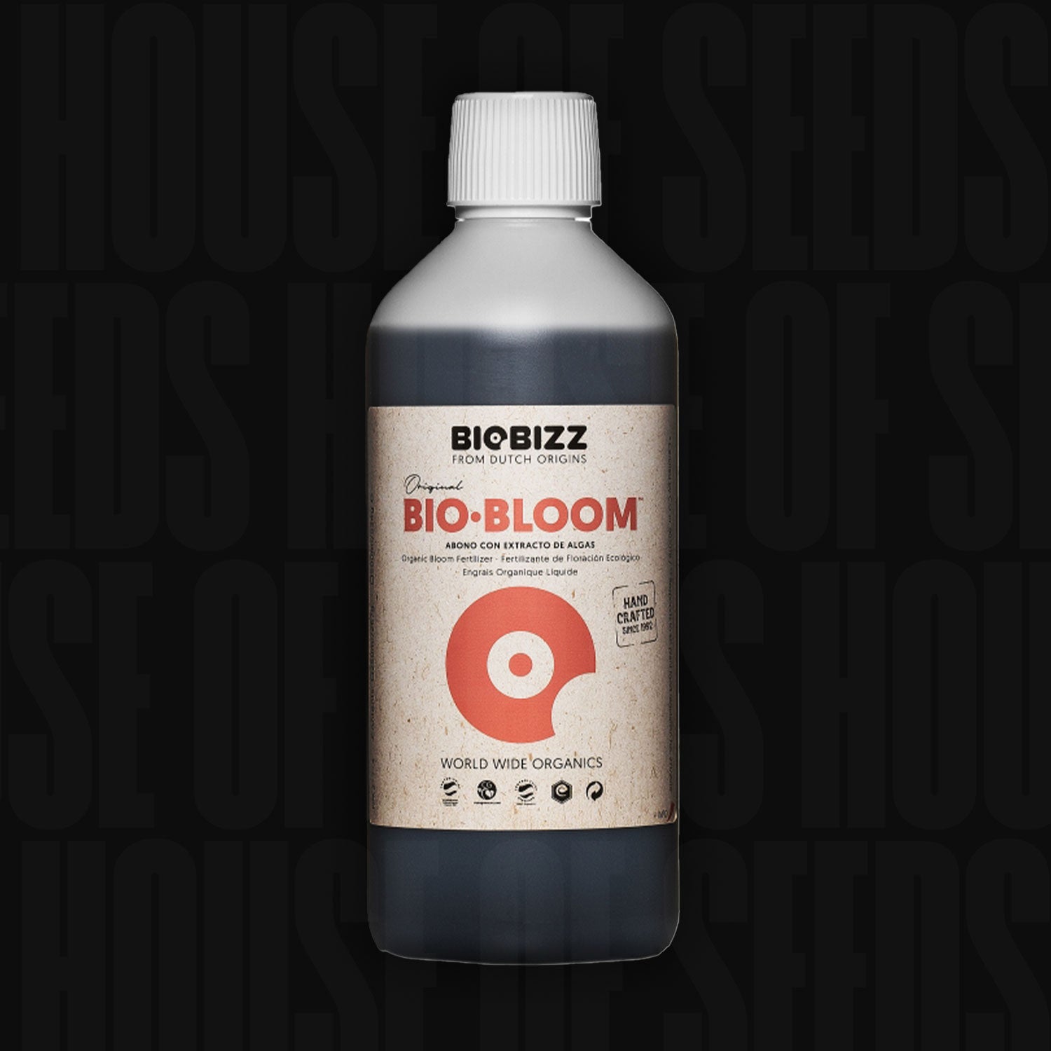 Flasche BioBizz Bio Bloom Dünger mit weißer Kappe, beigem Etikett, rotem Kreis und spanischem Text vor schwarzem Hintergrund