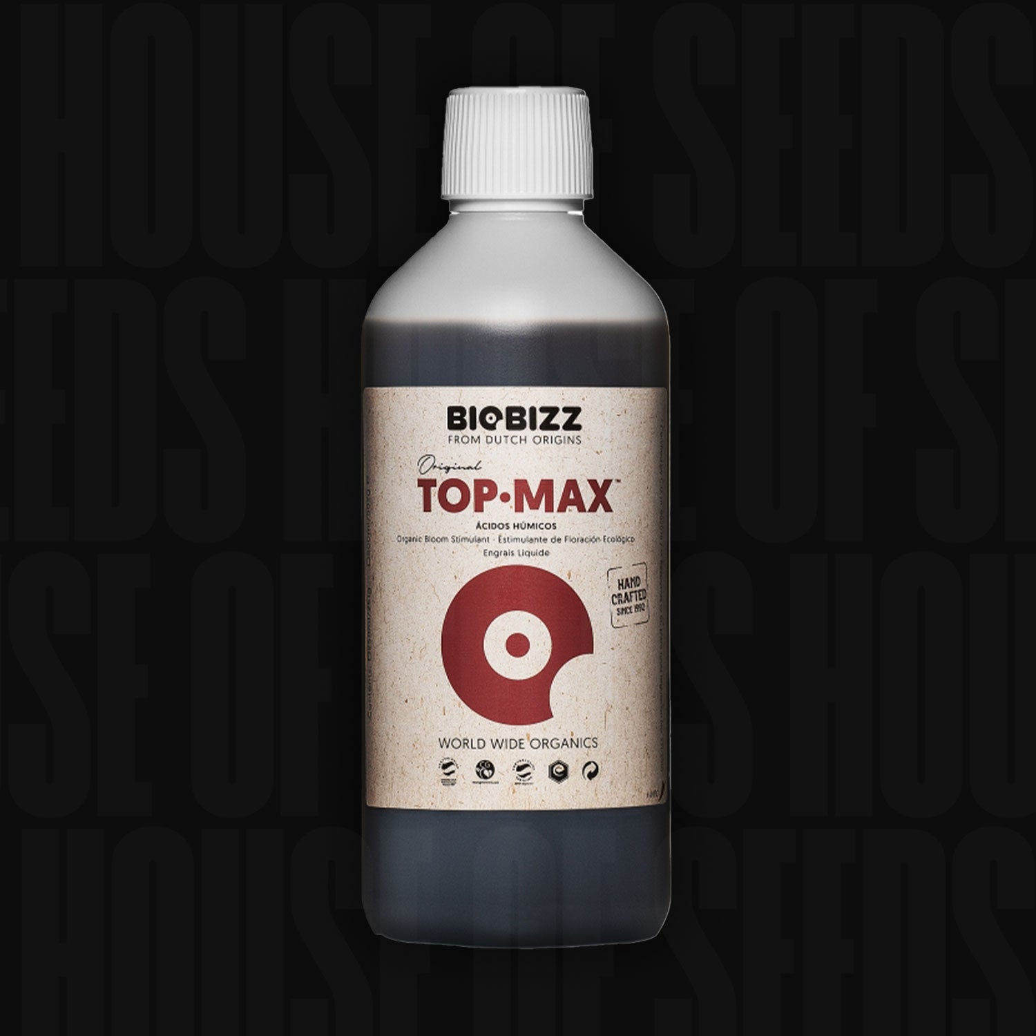 BioBizz Top Max Flasche 500 ml mit beigem Etikett, roter Schrift und weißem Verschluss vor dunklem Hintergrund