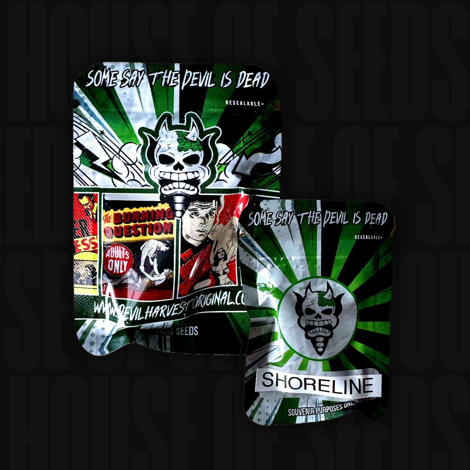 Devil’s Harvest Shore Line Samenpackung vorne und hinten, mit Comic-Grafiken mit Teufelsgesicht-Logo, Vintage-Panels und Produkt-Branding