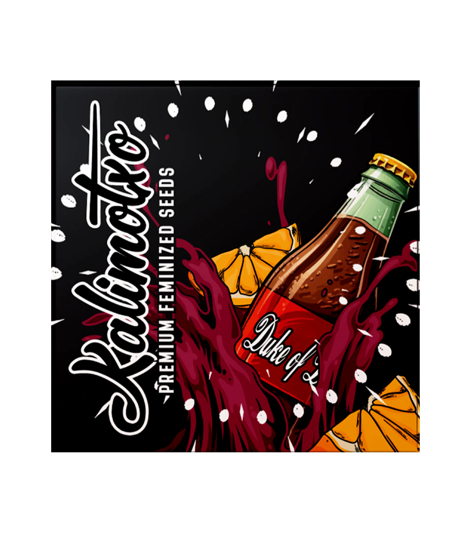 Doja Kalimotoxo Verpackung mit stilisierter Duke of L-Flasche, roter Flüssigkeit, Orangenscheiben und Tropfen