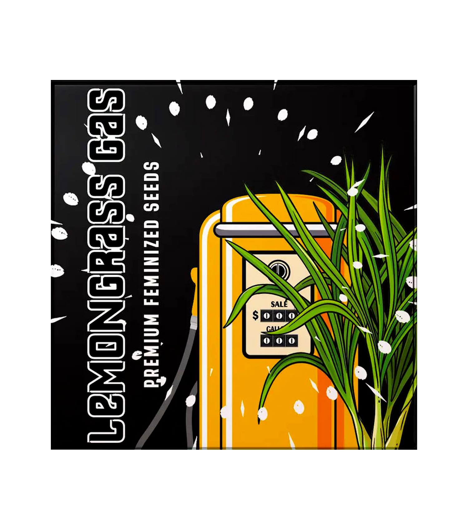 Illustration einer gelben Zapfsäule mit Zitronengras; Text: Doja Lemongrass Gas Premium Feminisiertes Saatgut.