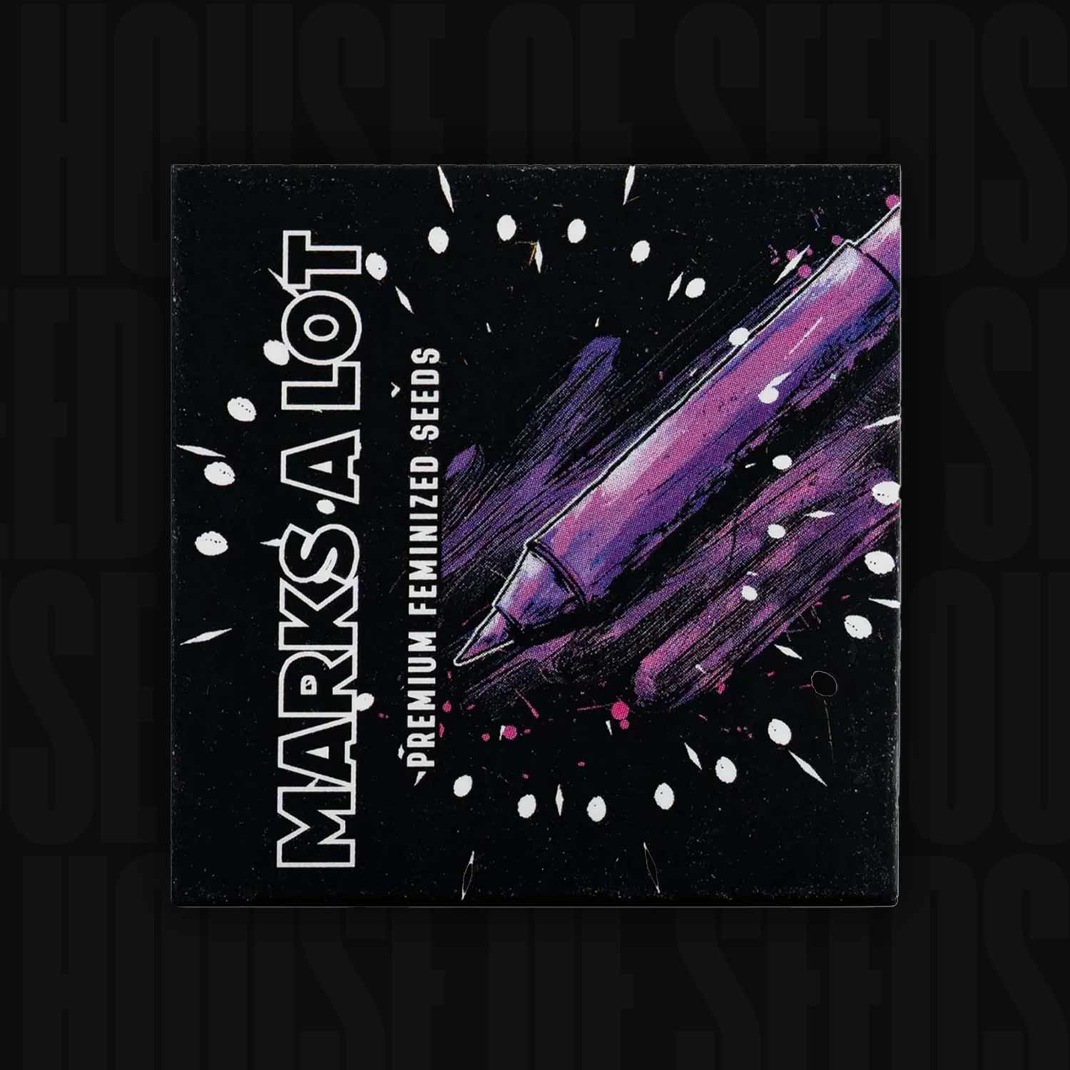 Schwarzes quadratisches Doja Paket Marks a Lot mit lila Marker-Illustration und weißen Spritzern