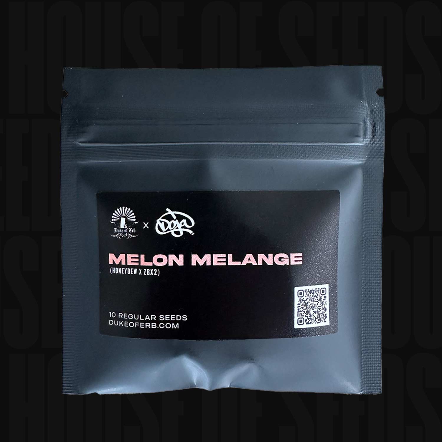Schwarze wiederverschließbare Doja Verpackung Melon Melange mit Etikett, Logos, QR-Code, DUKEOFERB.COM und Aufschrift 10 reguläre Samen