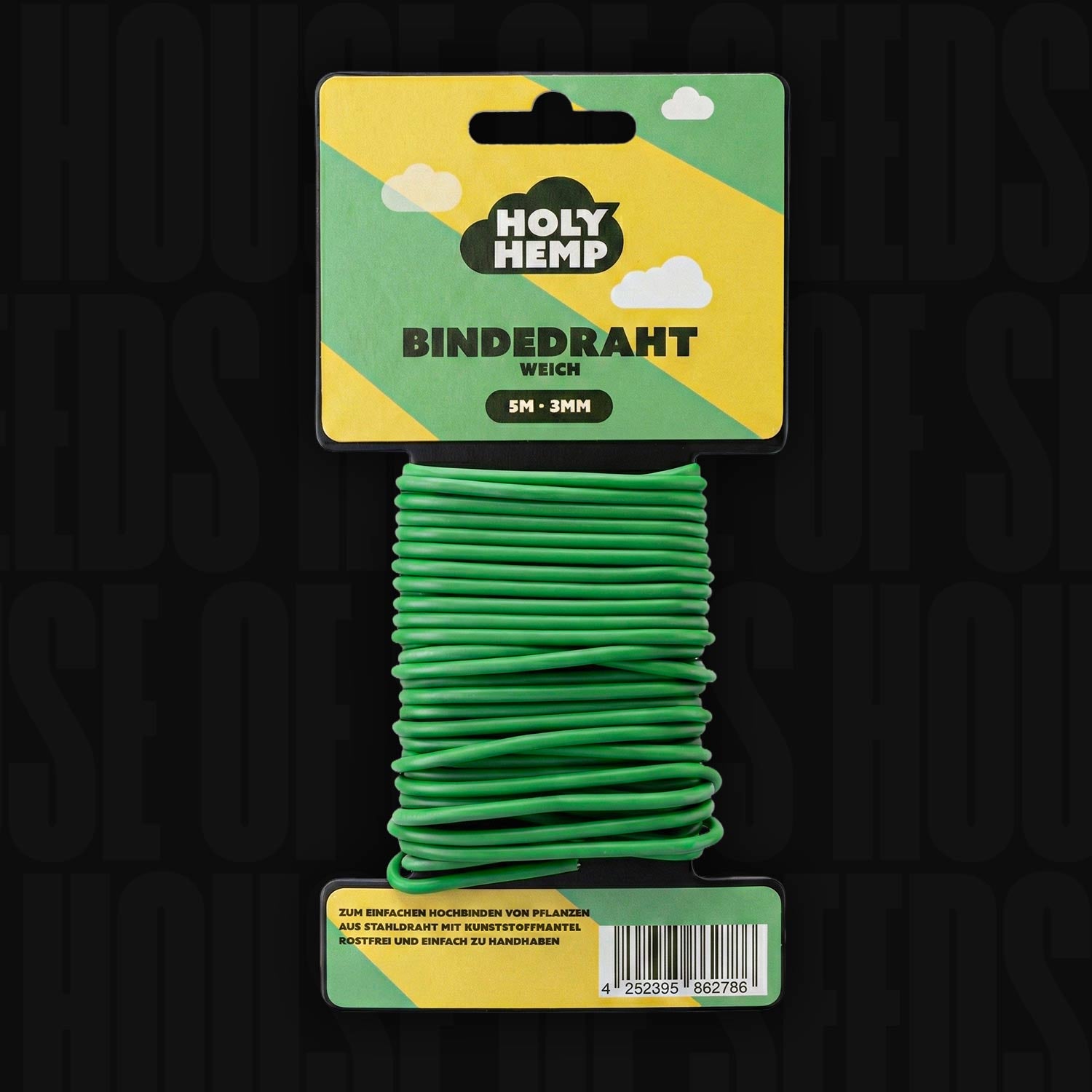 Eine 5m-Spule Holy Hemp Soft-Bindedraht in grün, verpackt in gelb und grün.