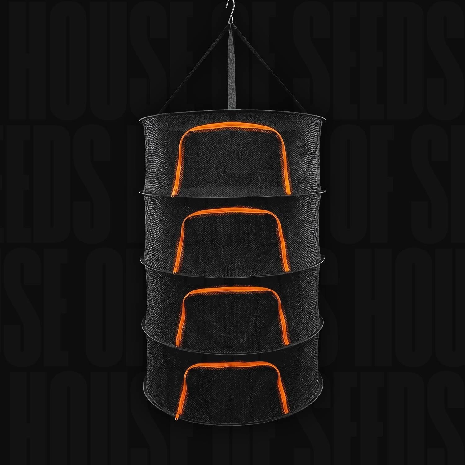 Das Holy Hemp 4-Kammern Trocknungsnetz ist ein schwarzes 4-stufiges Hängenetz mit orangefarbenen Reißverschlüssen.