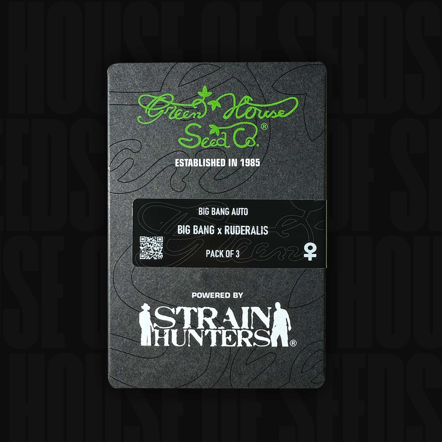 Schwarze Green House Seeds Verpackung für Big Bang Auto 3er-Pack mit grünem und weißem Text