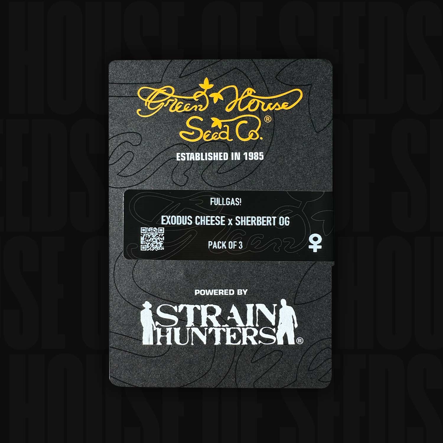 Schwarze Green House Seeds Fullgas! Packung mit goldenem Strain Hunters Logo, 3 feminisierte Samen