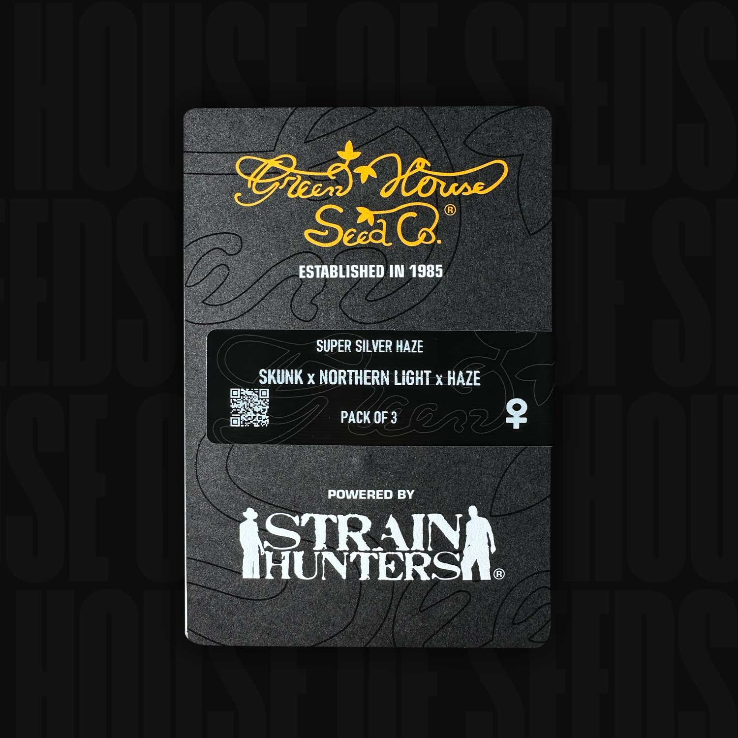 Green House Seeds Super Silver Haze Samenpackung, mit Logos und "Pack of 3" auf der Verpackung.