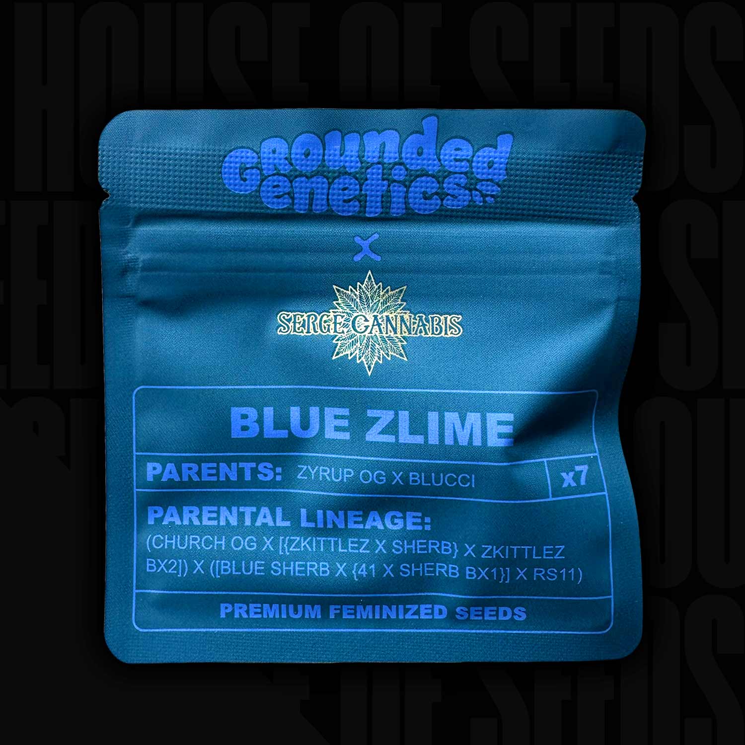 Ein blaues Paket mit der Aufschrift Blue Zlime von Grounded Genetics, feminisierte Premium-Samen.
