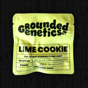 Ein gelbes Lime Cookie-Samenpaket von Grounded Genetics, beschriftet mit Stamm und genetischen Informationen.