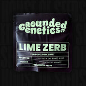 Päckchen mit Schwarzkümmelsamen der Sorte Lime Zerb von Grounded Genetics, mit Angaben zur Abstammung und 7 feminisierten Samen.