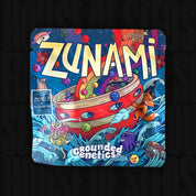 Farbenfrohe Grounded Genetics Zunami Verpackung mit Wellen, rotem Boot voller Zkittlez-Bonbons, dazu Fuchs, Drache, Sterne und verspielte Grafiken