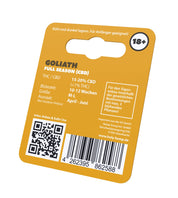 Gelbe Holy Hemp Goliath Verpackung mit Infos zu CBD/THC, Blütezeit, Größe, QR-Code, Barcode und 18+ Symbol