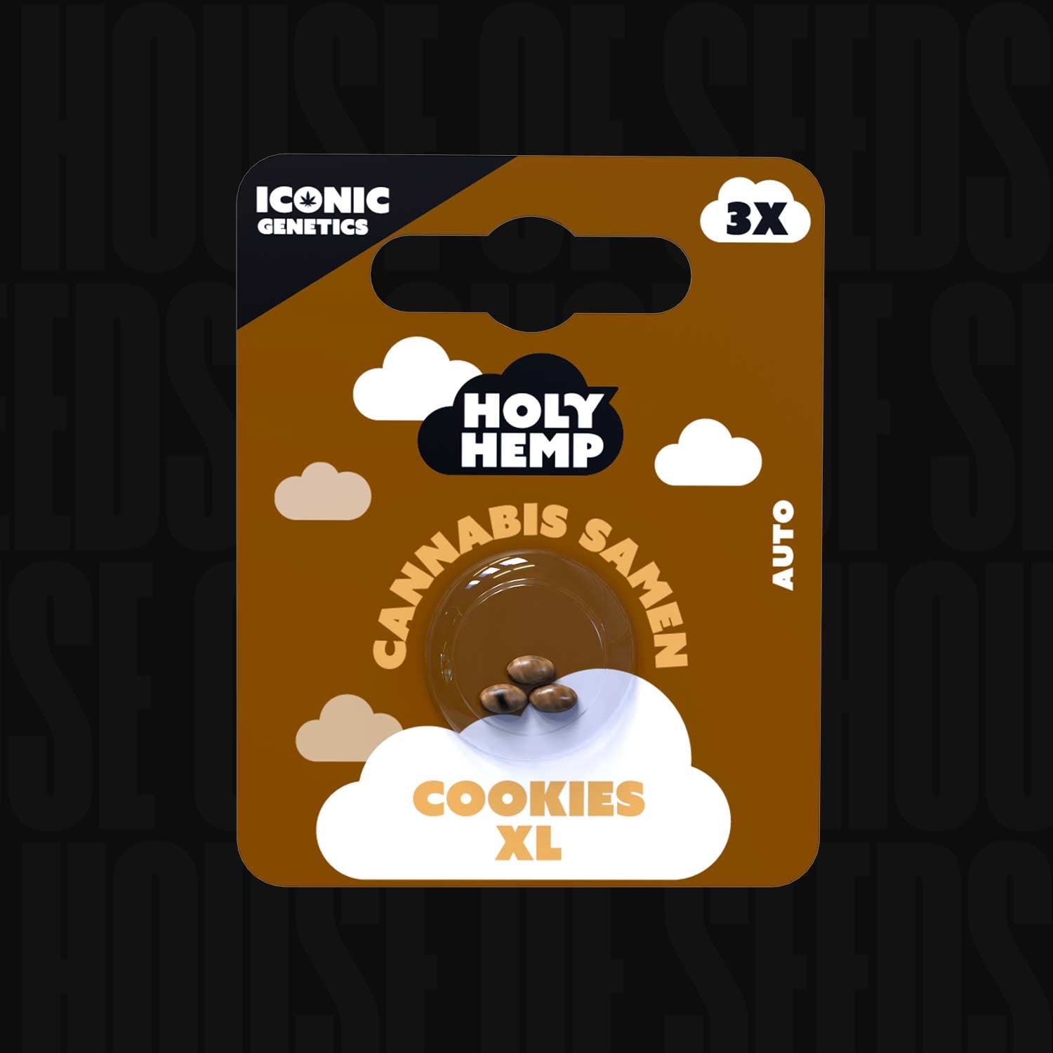 Braun-weiße Holy Hemp Cookies XL Auto Packung mit Cartoon-Wolke und Aufschrift CANNABIS SAMEN