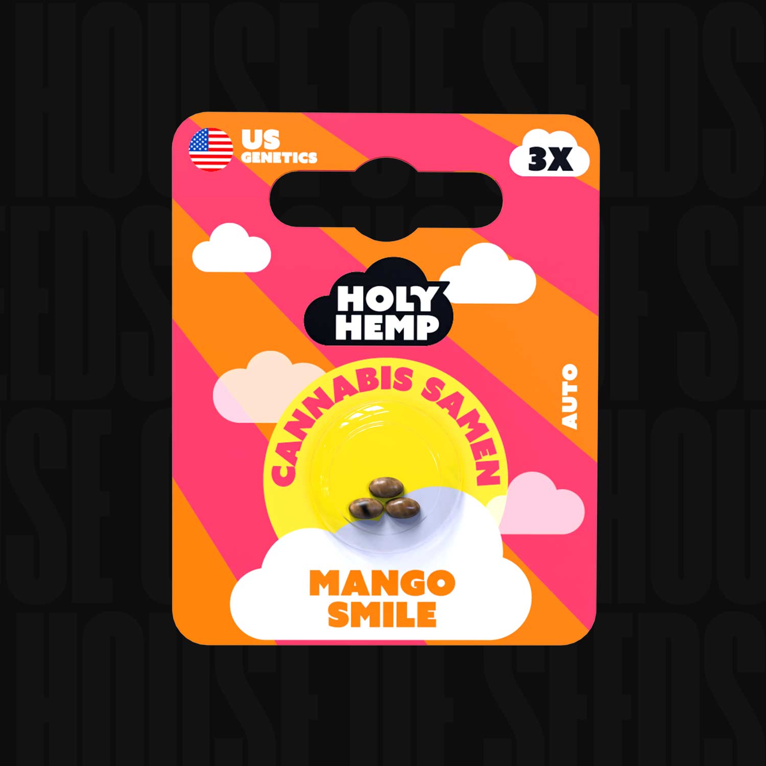 Holy Hemp Verpackung Mango Smile Auto mit 3 Samen, US Genetics und US-Flaggen-Symbol