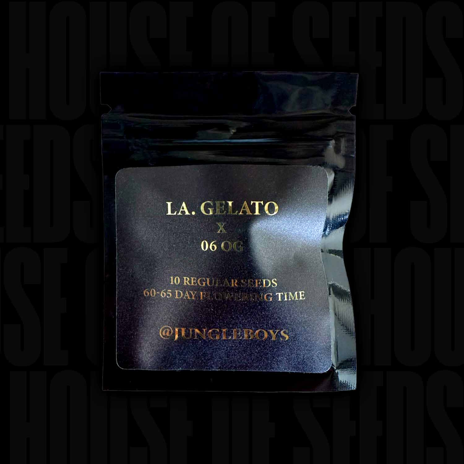 Schwarze Packung mit der Aufschrift LA Gelato x 06 OG, 10 Samen, 60-65 Tage Blütezeit, von Jungle Boys.