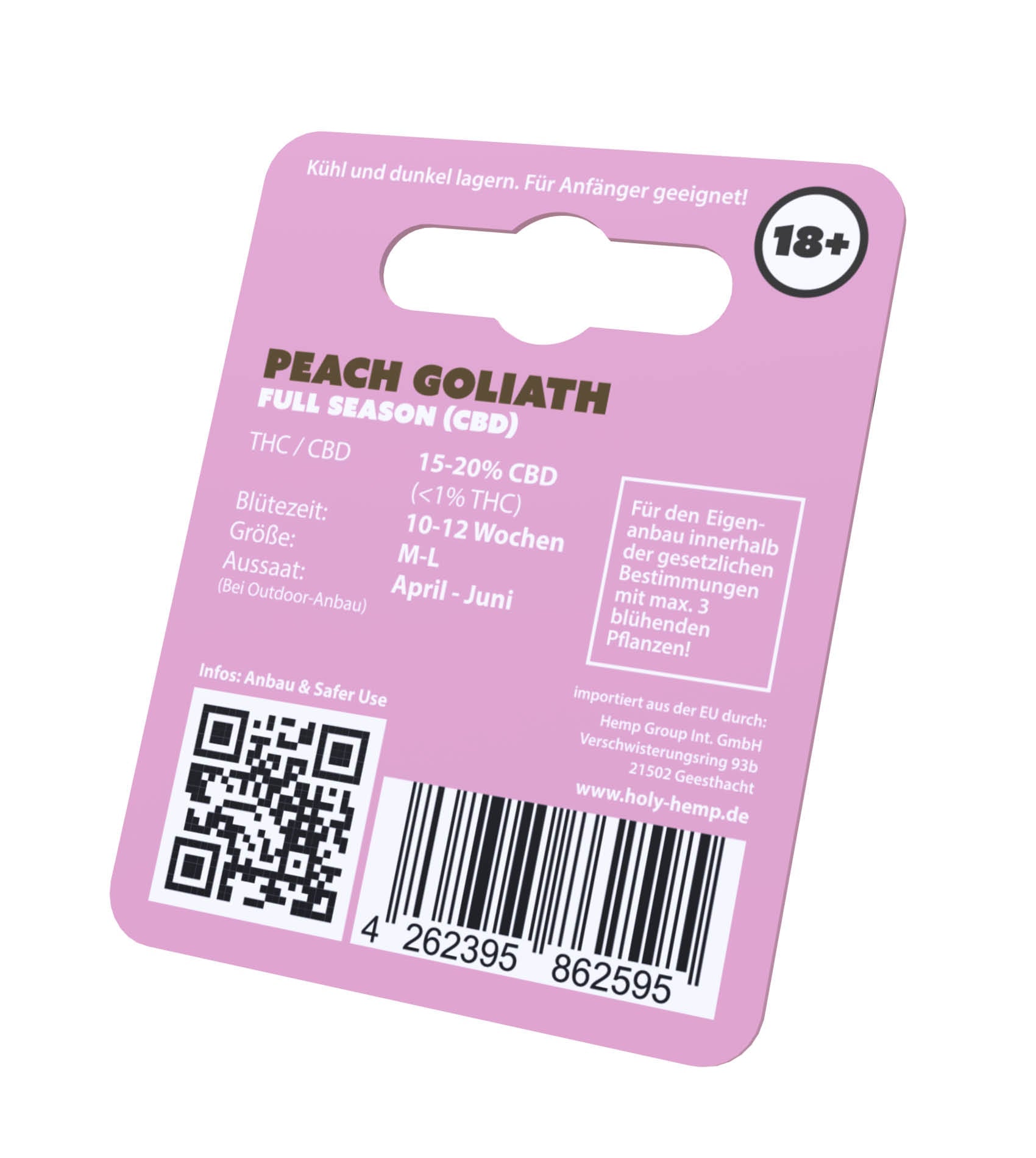 Rosa Etikett für die Peach Goliath CBD-Samen von Holy Hemp mit THC/CBD-Informationen, Anbautipps und einem QR-Code.