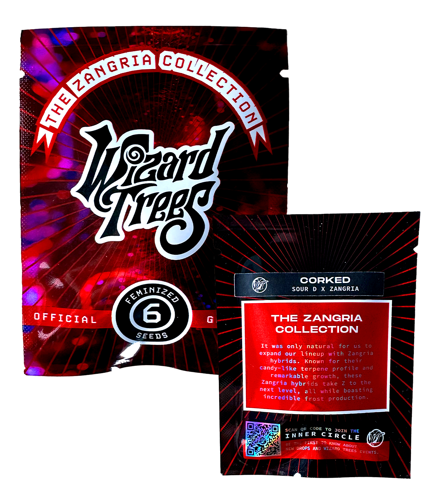 Zwei Saatgutpakete mit den Bezeichnungen Corked und Wizard Trees mit auffälligen roten und schwarzen Motiven.