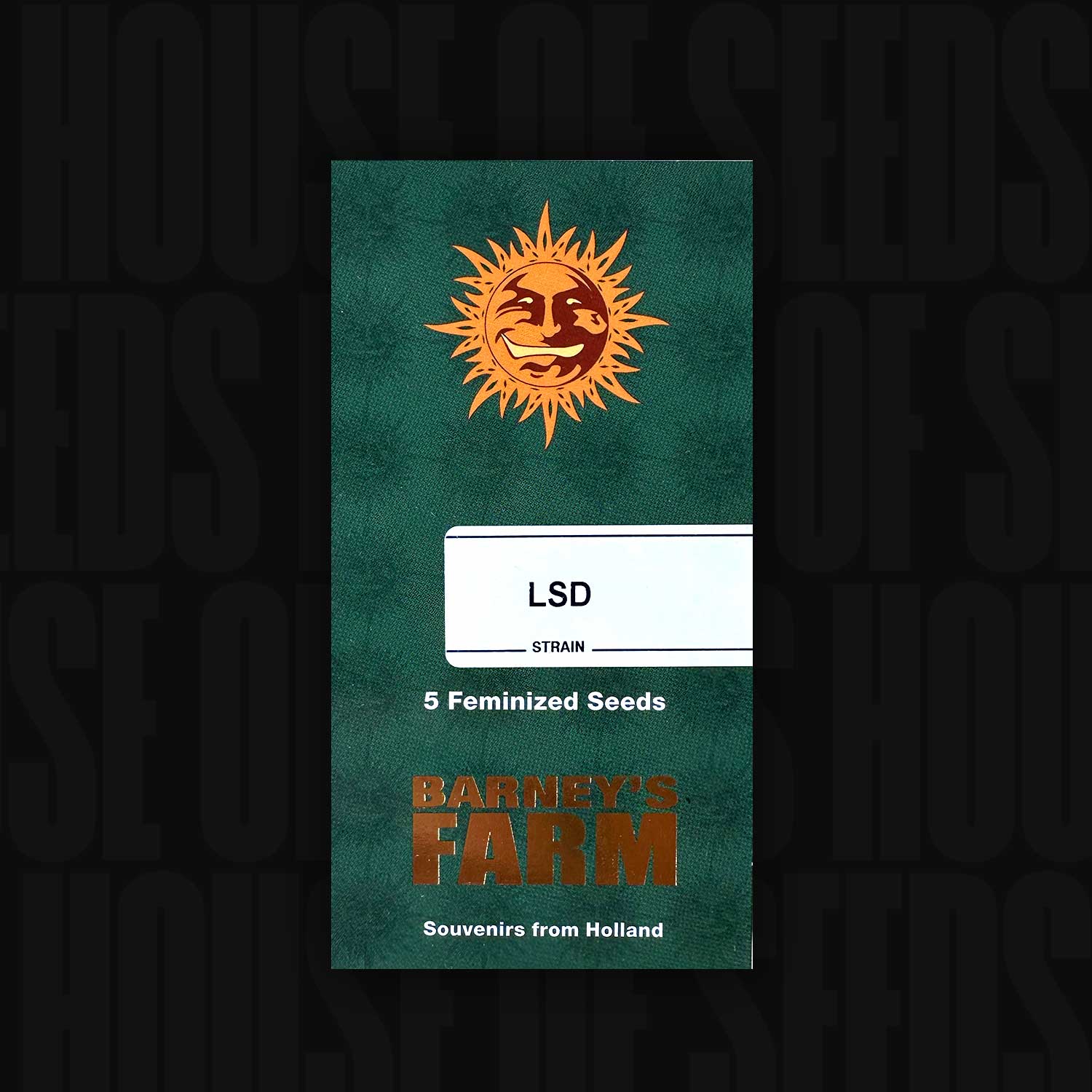 Barney's Farm LSD Samenpackung mit Sonnenlogo, beschriftet mit "5 feminisierte Samen.