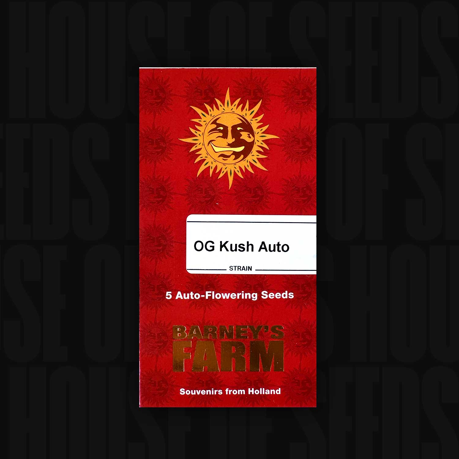 Rotes Barney’s Farm Päckchen OG Kush Auto mit goldenem Sonnenlogo, Aufschrift 5 Auto Seeds und Text Souvenirs from Holland vorne