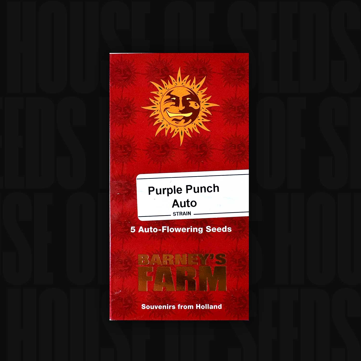 Rote Verpackung für Purple Punch Auto von Barneys Farm für 5 Auto-Flowering Seeds mit Sonne und Text Souvenirs from Holland