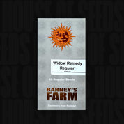 Graue Barney’s Farm Widow Remedy Packung mit 10 regulären Samen, orangefarbenem Sonnenlogo und Text "Souvenirs from Holland"